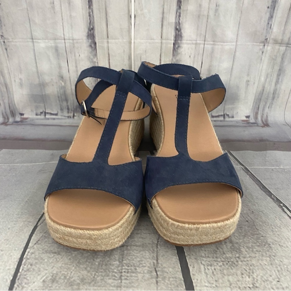 Lucky Brand Size 8.5 M Blue Suede Ankle Strap Espadrille Wedge Sandals Jute NEW - Picture 4 of 10